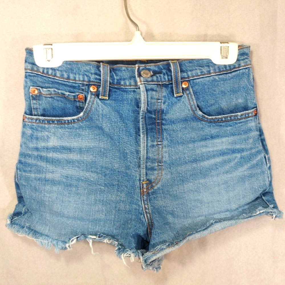 Levi's Blue Jean Shorts with Frayed Hem and Distressed Look